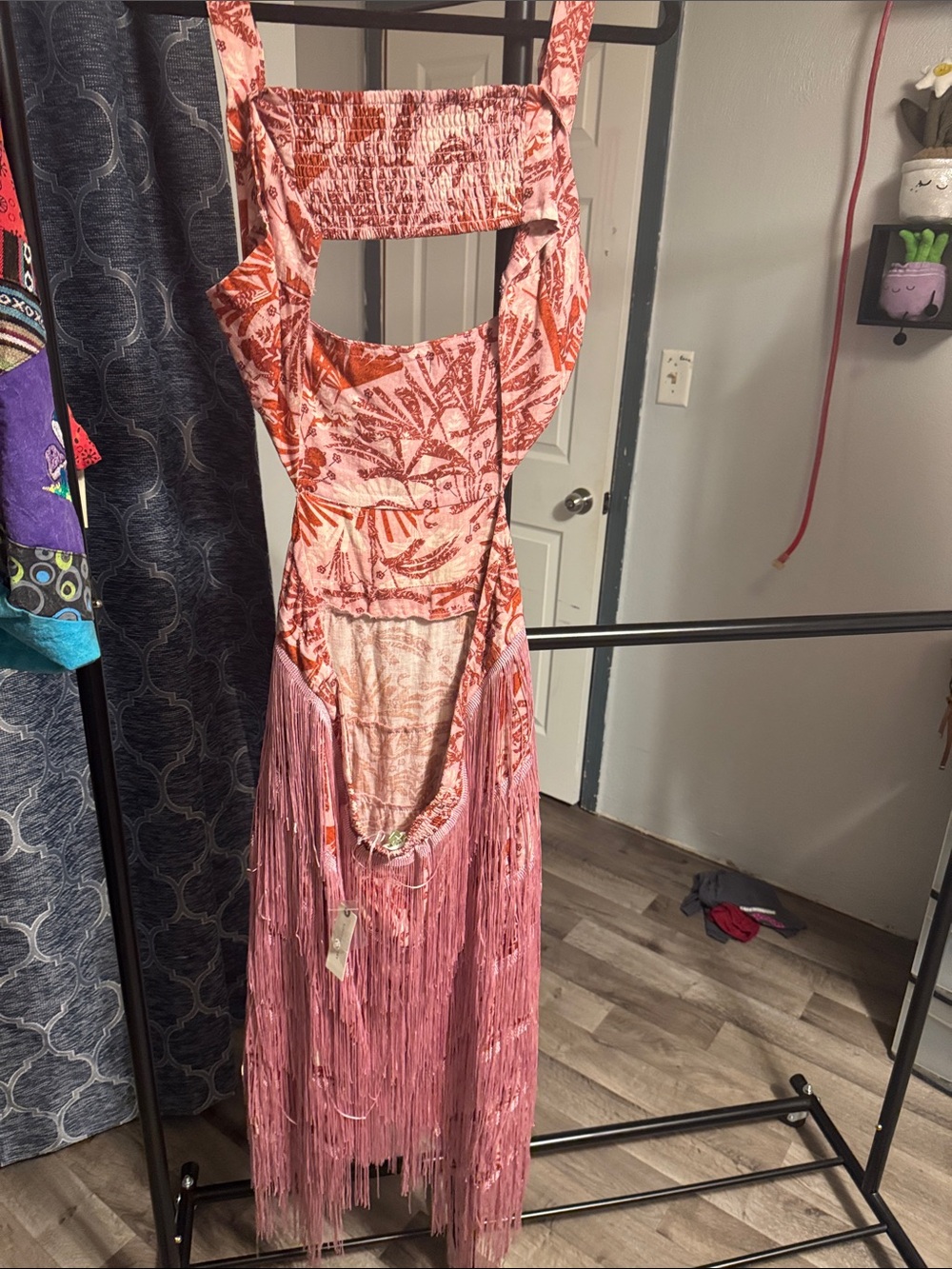 Anthropologie Pink and Red Fringe Cutout Midi Dress - Picture 4 of 4